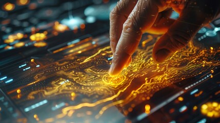 Fototapete - A hand pressing a button on a digital interface to execute a gold trade, with price graphs displayed nearby.