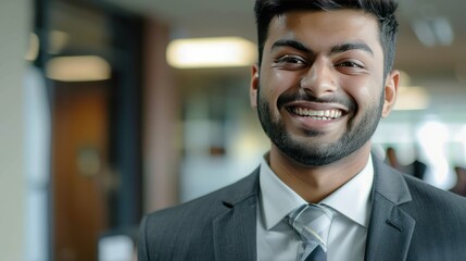 Wall Mural - Close up view of the face of a young middle eastern Muslim man smiling kindly.