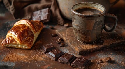 Poster - A mug of coffee a pastry and four chocolate pieces