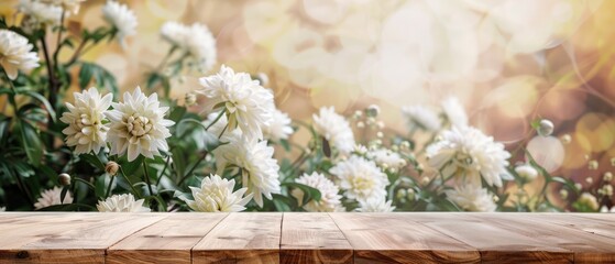 Wood table top on wood and flower background- can be used for display or montage your products