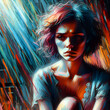 Crayon Abstract Painting - Short Curly Hair - Sad Woman
