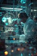 biochemist working on scientific research in a futuristic laboratory with icons of atoms with molecules, in the style of bokeh panorama, 
