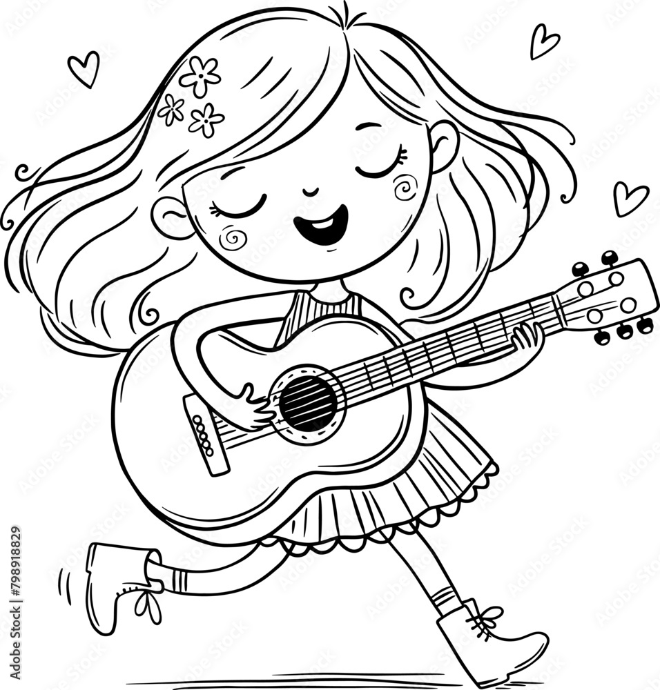 Cute cartoon girl singing song and plays guitar. Kids clipart. Outline ...