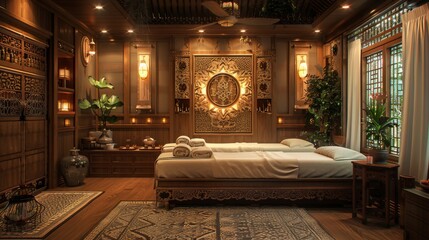 Wall Mural - A tranquil Thai massage studio with traditional decor and soft lighting, showcasing therapists performing authentic Thai massage techniques.