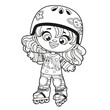 Cute cartoon girl in a helmet and wearing protective gear on roller skates outlined for coloring page on white background