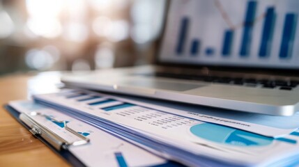 Poster - A stack of financial documents and reports next to a laptop displaying a bar graph, symbolizing financial analysis and reporting.