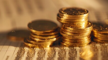 Poster - A stack of gold coins on a financial report document, illustrating the relationship between gold assets and financial data.