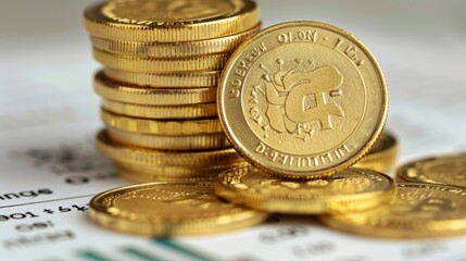 Poster - A stack of gold coins on a financial report document, illustrating the relationship between gold assets and financial data.