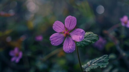 Poster - Purple flower with green leaves and water droplets