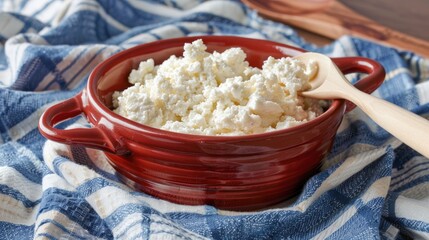 Sticker - Cottage cheese in a red ceramic dish with a wooden spoon on a vintage blue linen towel