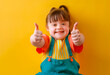 happy smiling cute girl with down syndrome, special needs,  giving thumbs up gesture on colorful background