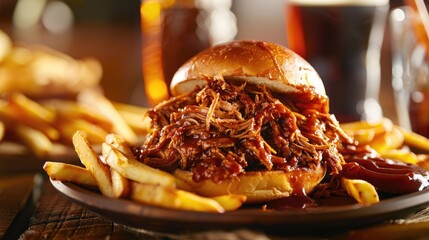 Wall Mural - Succulent Pulled Pork, Slow Cooker Delight on Hamburger Bun Plate