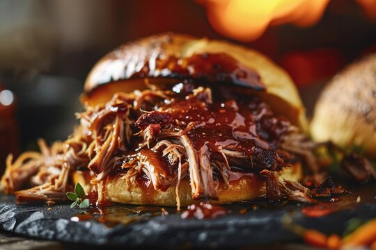 Succulent Pulled Pork, Slow Cooker Delight on Hamburger Bun Plate