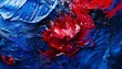 A bold abstract artwork with a central focus on a large, irregular shape in crimson, surrounded by a sea of cobalt blue  