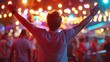 Energetic man greets friend at a music festival, with vibrant lights and the joy of youth. Guy waving to a friend