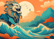 Illustration of a lion on a mountain with the sun and mountain  ,sea,sky chinese style
