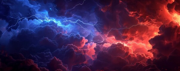 A dramatic abstract scene with dark, stormy clouds of indigo blue rolling across a fiery red horizon, illuminated by flashes of lightning  