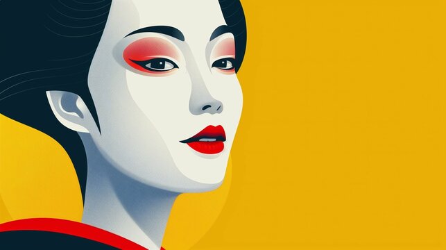 Minimalist portrait of a serene Japanese Geisha wearing a colorful Kimono on a yellow background. Simple line drawing. Pop art Aesthetics from Japan. Horizontal (16:9)
