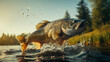 Close up of big fish jumping from the water with bursts in high mountain clean lake or river, at sunset or dawn, picturesque mountain summer landscape. Copy space.