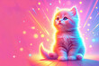 Cute fluffy striped kitten on festive,abstract,futuristic pink and blue with yellow background. Concept: children's photos, children's holiday, matinee. Wallpaper on the phone for children.