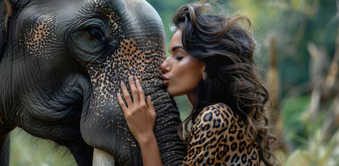 Wall Mural - A beautiful woman kissing an elephant, she has long hair and is wearing leopard print