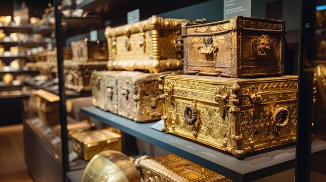 stack of antique golden chests in a museum exhibit, showcasing the historical significance and cultu