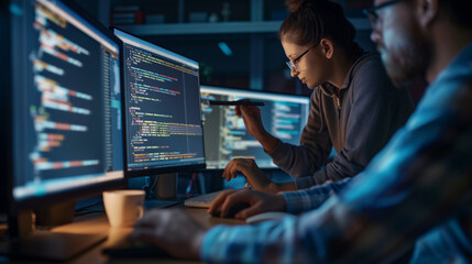 a team of developers coding and testing software for a new mobile application. diligence and work, t