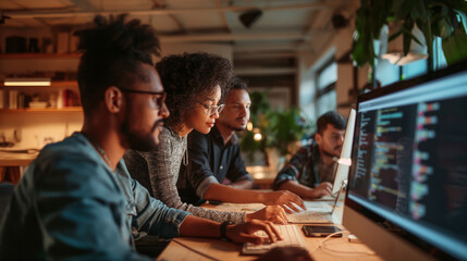 A team of developers collaborating on code for a new software application, working towards a common goal. Diligence and work, team and trust, profit