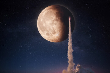 Fototapete - New rocket with smoke and blast successfully takes off into the starry sky with a full moon. Spaceship launch, concept. Space mission to the moon.. Start concept