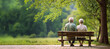 © funstarts33 - Senior couple sitting on a wooden bench in a nature park. Panoramic background with copy space.