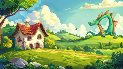 Wall Mural - Rural scene with a village house in a green field with a dragon behind the house AI generated