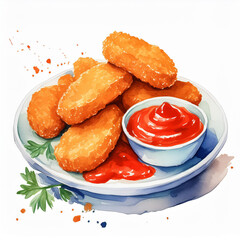 Wall Mural - Watercolor painting of chicken nuggets and tomato sauce. Tasty fast food. Delicious meal. Hand drawn