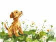A playful puppy wags its tail in a field of daisies, minimal watercolor style illustration isolated on white background