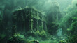 Submerged ruins of a forgotten civilization, their weathered stones adorned with luminescent moss, illuminated by the gentle gradient of an underwater twilight.