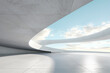 Unmanned concrete floor with huge white curved building with clean bright sky background.