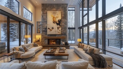 Wall Mural - The luxurious living room has a mirror that allows you to see the outside. There is a large sofa around. Wooden table, fireplace, peaceful scenery.Generative AI illustration.