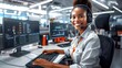 African woman working as a call center agent with headset assisting customers in office. Concept Customer service, Call center, African woman, Office environment, Headset