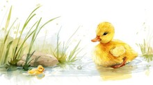 A Baby Duckling Fluffs Its Feathers Beside A Pond, Minimal Watercolor Style Illustration Isolated On White Background