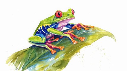 A brightly colored frog perches on a leaf, minimal watercolor style illustration isolated on white background