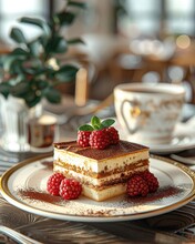 Vintage Style Presentation Of Raspberry Tiramisu On An Antique Plate, Accompanied By A Classic Espresso Cup, Perfect For Retrothemed Cafes , 3D Render Animation Style