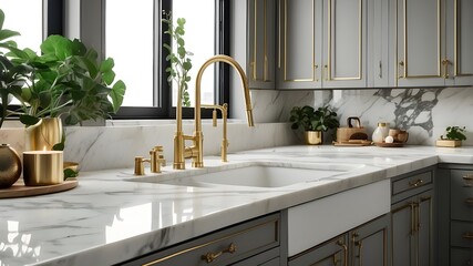 Detailed photograph of a kitchen sink with a gold faucet, marble backsplash, grey cabinets, and gold hardware, Type of Image: Photograph, Art Styles: Realistic and detailed, Art Inspirations: Interior