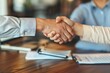 Top view hands of agent and client shaking hands after signed contract buy new apartment,A shot from either side of a desk where the candidate and interviewer are extending hands,Two pro. Generated AI