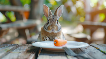 Wall Mural - the rabbit sits at the table and eats carrots from a plate.