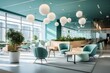 A Vibrant Mint Green Open Plan Office Space with Modern Furniture and Innovative Architectural Design Elements