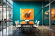 Modern Teal Office Space with Vibrant Color Accents, Featuring a Sleek Desk Setup, Contemporary Artwork, and Stylish Decorative Elements
