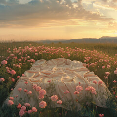 Poster - A bed is set up in a field of flowers with pillows and a blanket. The scene is peaceful and serene, with the sun shining down on the bed and the flowers. The bed is surrounded by tall grass and trees