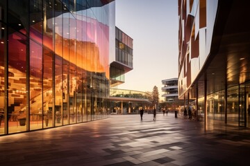 A Vibrant Modernist Shopping Mall Illuminated by the Setting Sun, Reflecting the Intersection of Commerce and Contemporary Architecture