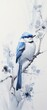 A watercolor painting of a small blue bird sitting on a branch with white and blue flowers.