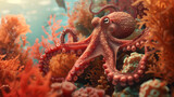 Fototapeta Perspektywa 3d - Octopus Emerging Amongst Vivid Coral Formations