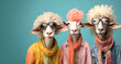 Creative animal concept. Group of sheep lamb in funky Wacky wild mismatch colourful outfits isolated on bright background advertisement, copy space. birthday party invite invitation banner	
